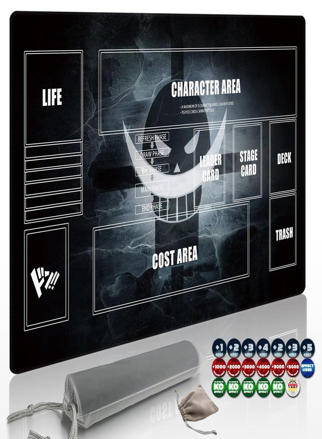 Extalas Playmat for One Piece Card Game (24x14 Inches): with Non-Slip Rubber, Zones Design, a Professional Storage Bag Included, Plus a Limited-Time Gift of a Set of 20 Damage Counters (Black2) - Image 1